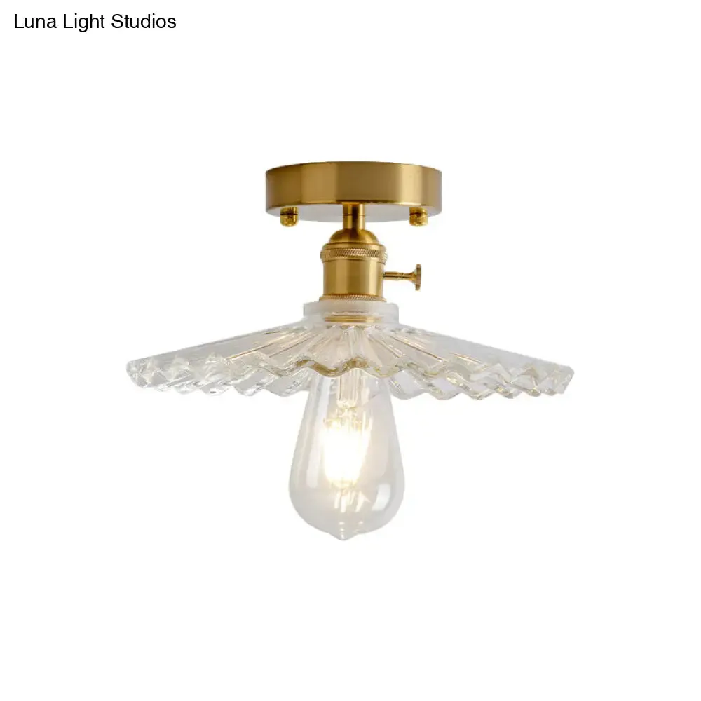 Industrial Brass Semi Flush Ceiling Light with Dome/Barn/Flower Shade - Amber/Clear Textured Glass - Ideal for Living Room