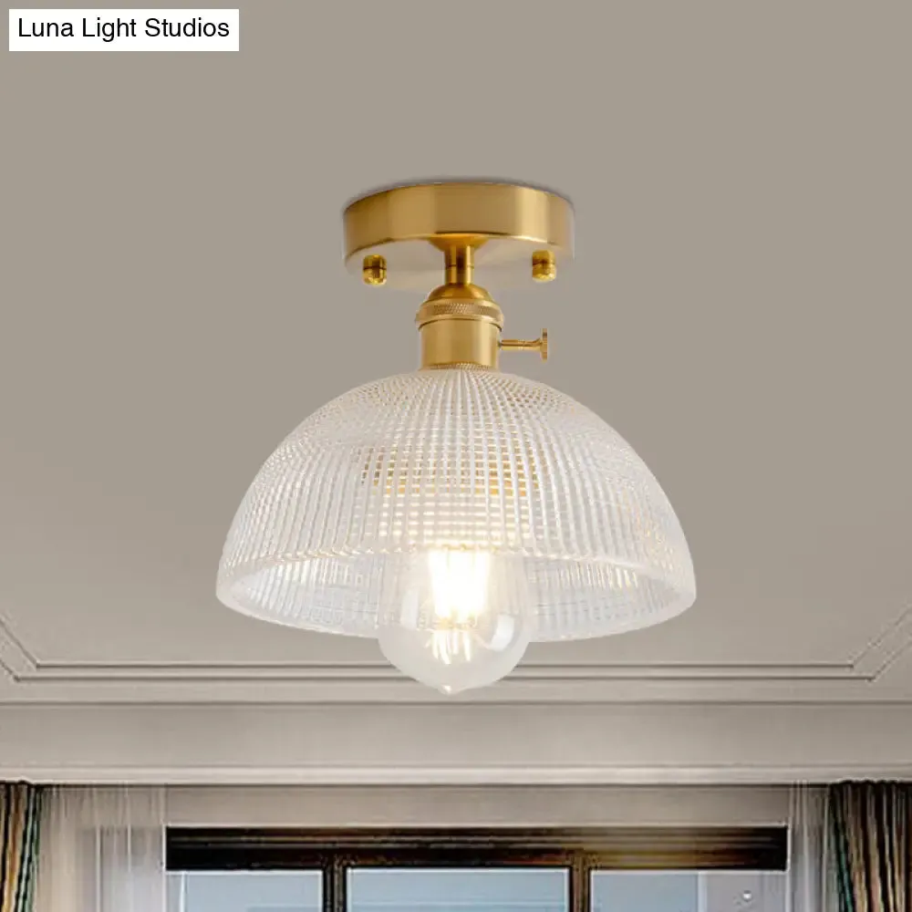 Industrial Brass Semi Flush Ceiling Light with Dome/Barn/Flower Shade - Amber/Clear Textured Glass - Ideal for Living Room