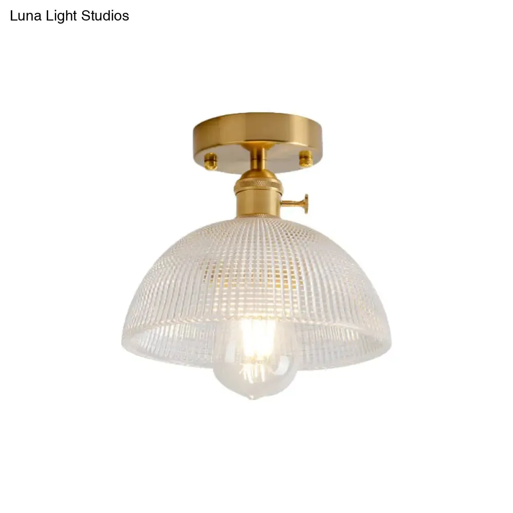 Industrial Brass Semi Flush Ceiling Light with Dome/Barn/Flower Shade - Amber/Clear Textured Glass - Ideal for Living Room