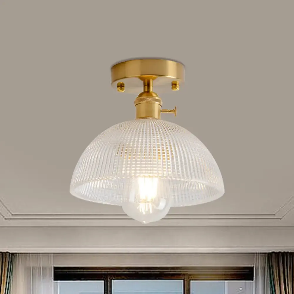 Industrial Brass Semi Flush Ceiling Light with Dome/Barn/Flower Shade - Amber/Clear Textured Glass - Ideal for Living Room