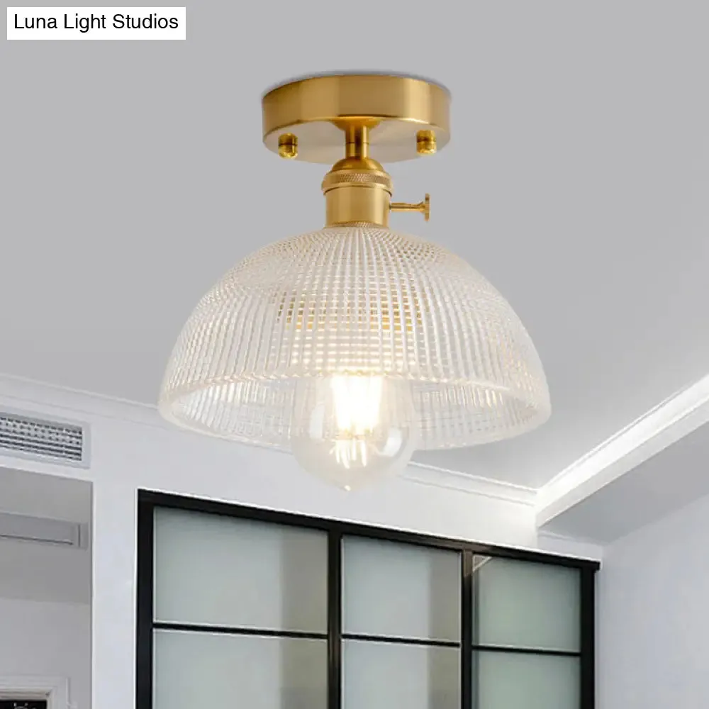 Industrial Brass Semi Flush Ceiling Light with Dome/Barn/Flower Shade - Amber/Clear Textured Glass - Ideal for Living Room