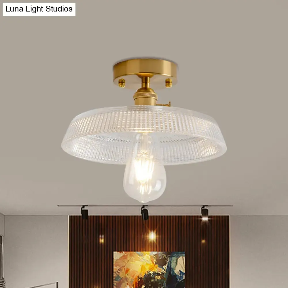 Industrial Brass Semi Flush Ceiling Light with Dome/Barn/Flower Shade - Amber/Clear Textured Glass - Ideal for Living Room