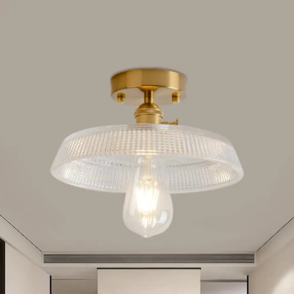 Industrial Brass Semi Flush Ceiling Light with Dome/Barn/Flower Shade - Amber/Clear Textured Glass - Ideal for Living Room