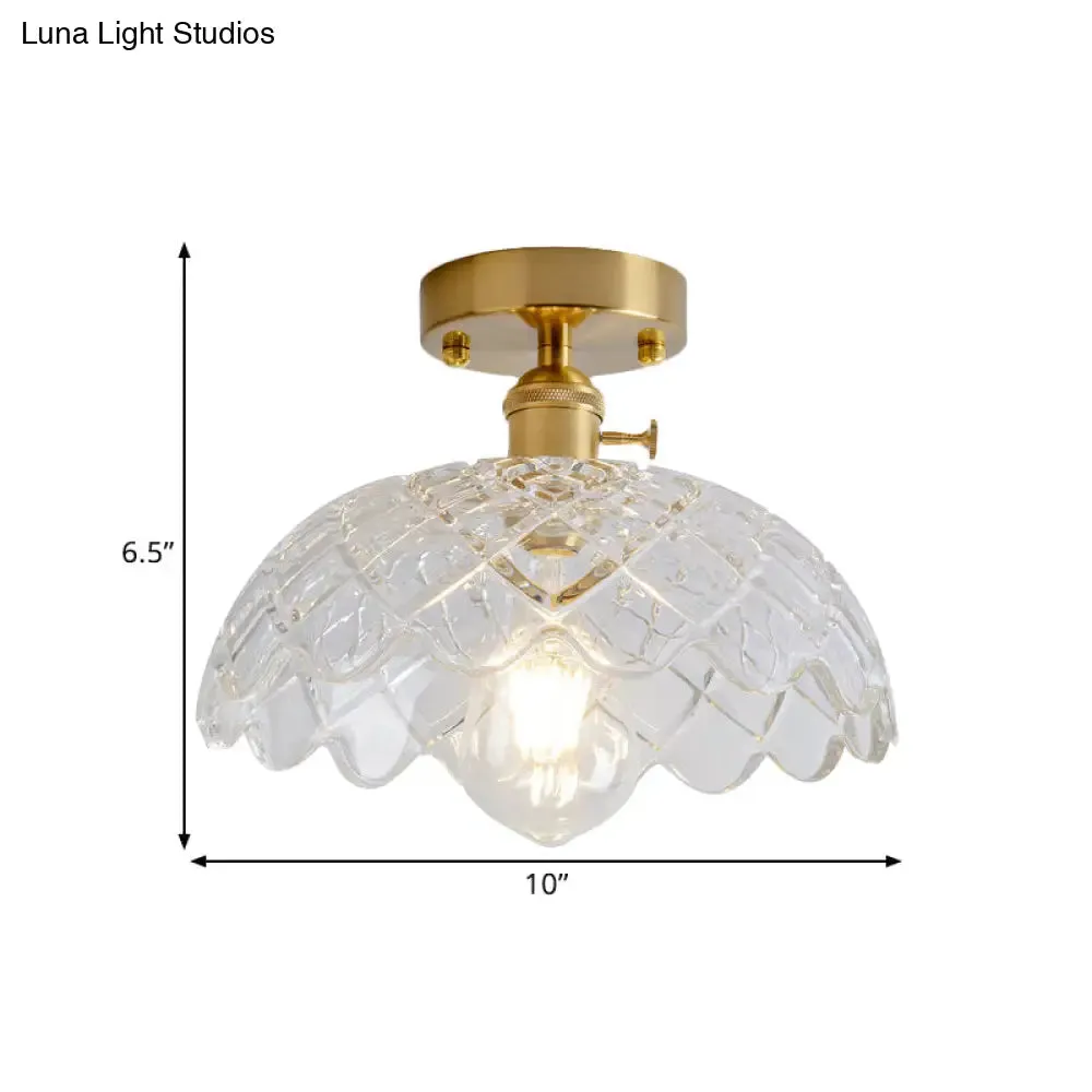 Industrial Brass Semi Flush Ceiling Light with Dome/Barn/Flower Shade - Amber/Clear Textured Glass - Ideal for Living Room