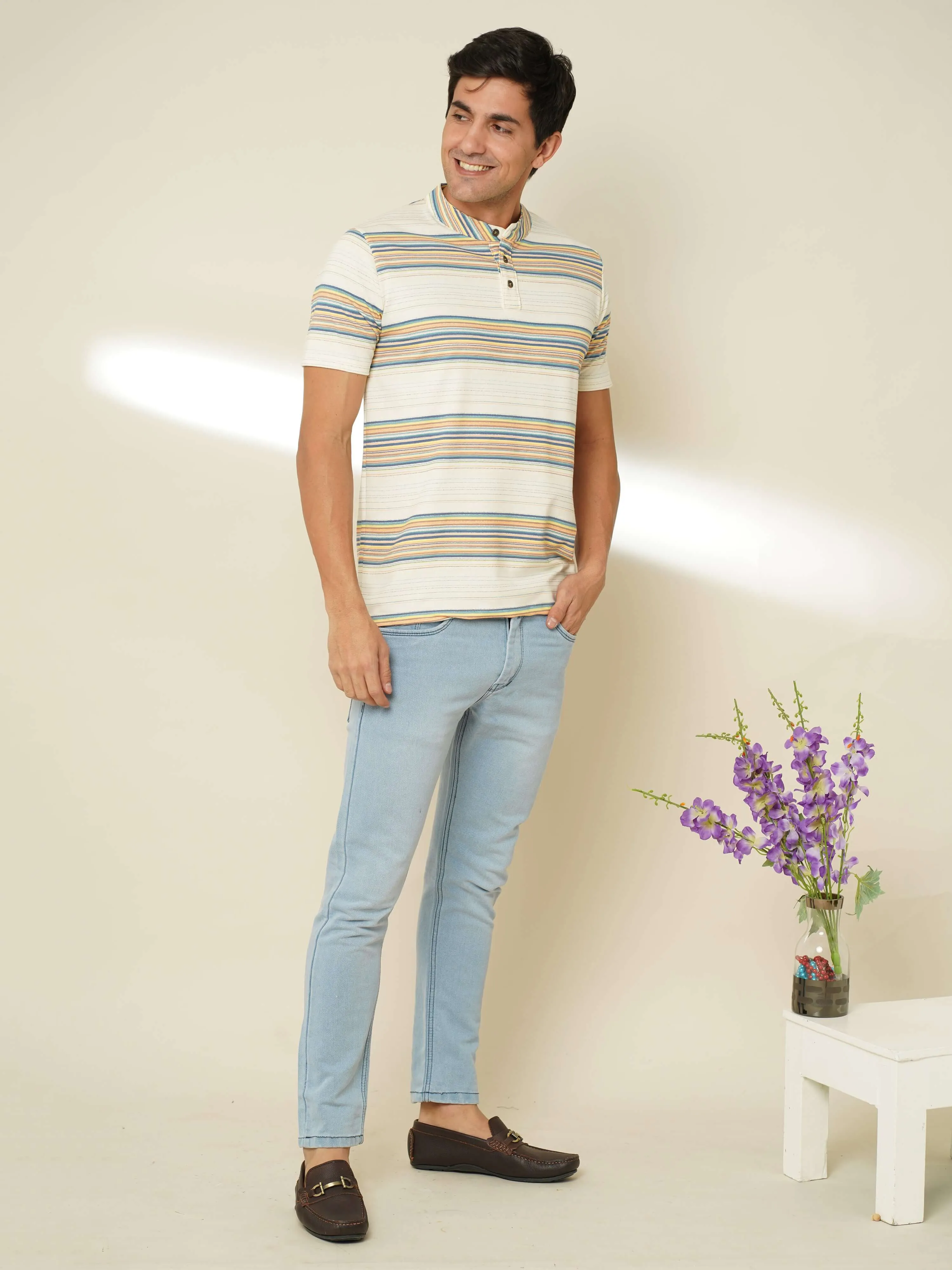 Ivory Stride Stripes Henley T-shirt