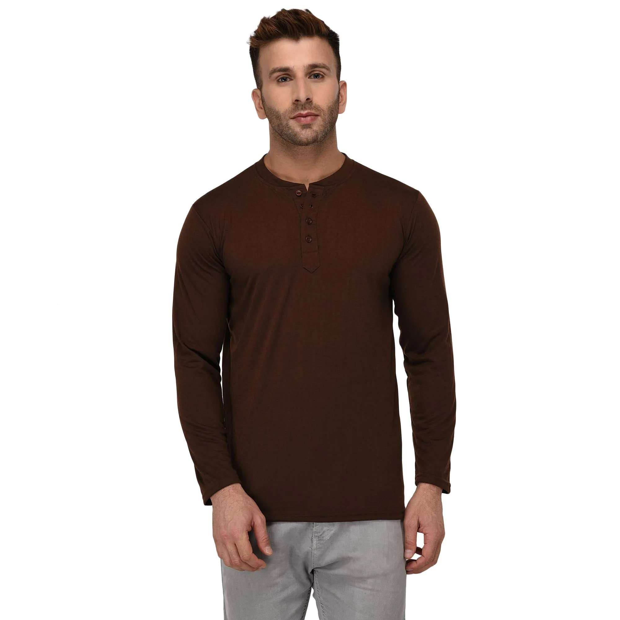 JANGOBOY Men's Cotton Blend Full Sleeve Henley Neck T-Shirt (Faizan-237-m_Brown_M) Pack of 1