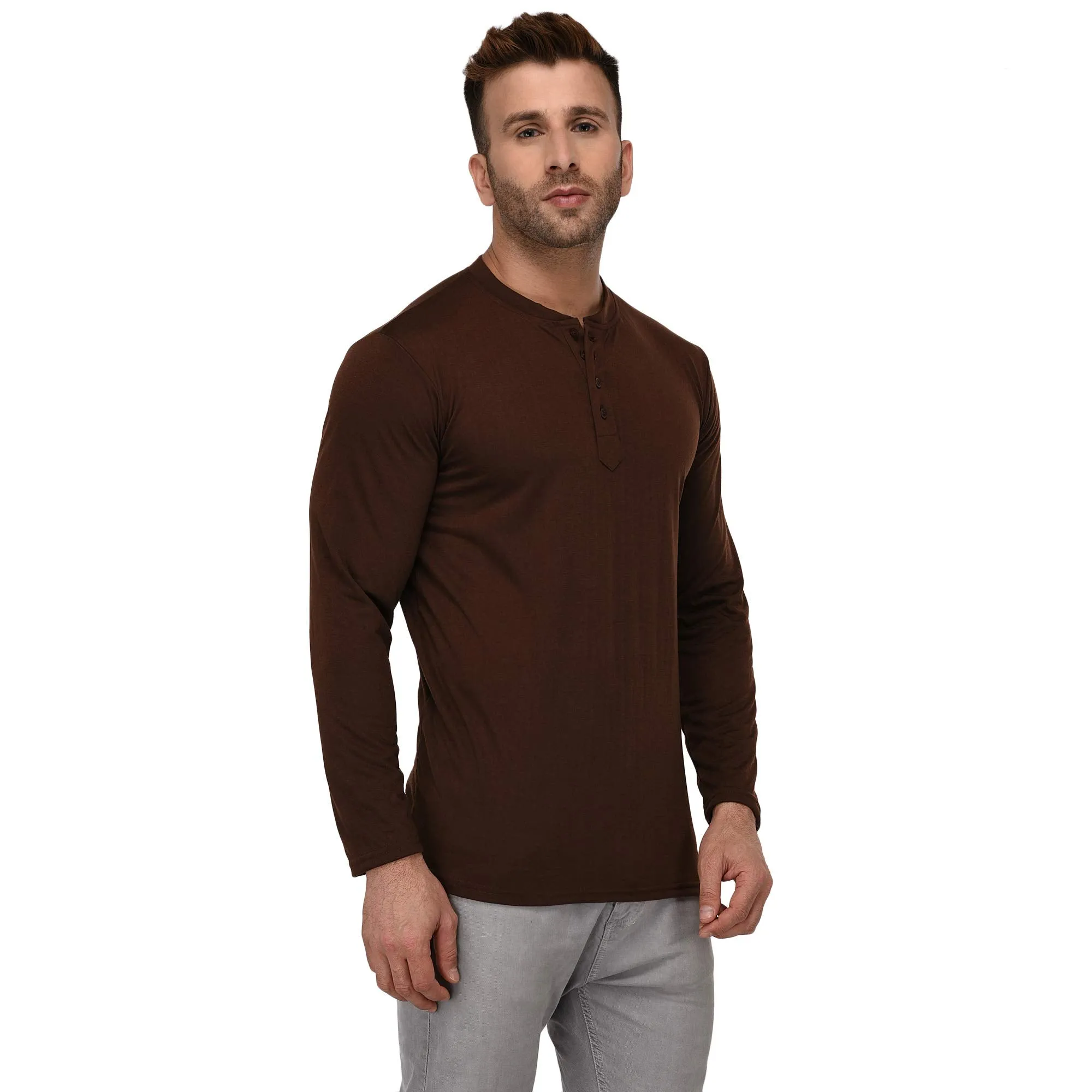 JANGOBOY Men's Cotton Blend Full Sleeve Henley Neck T-Shirt (Faizan-237-m_Brown_M) Pack of 1