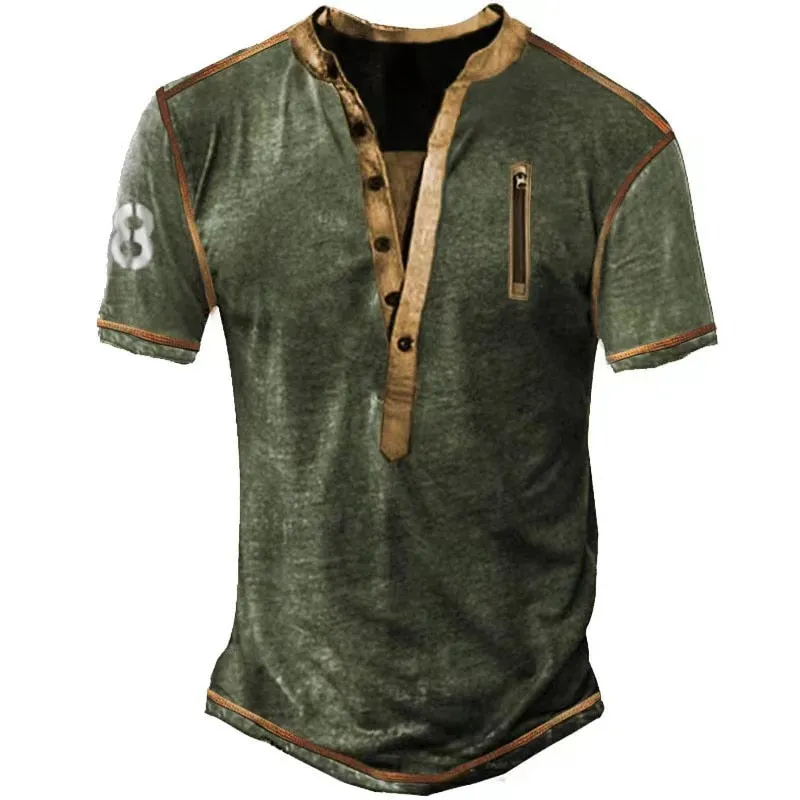 Jinquedai Spring Vintage Casual Loose Men Zip Pocket Pullover Splicing Men's Outdoor T-shirt Henley Collar Tactical Sweatshrt Male Tops