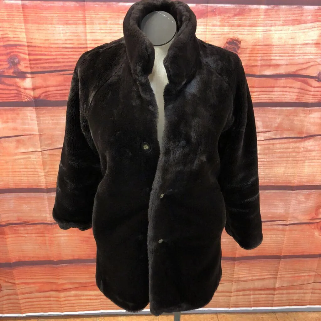 JONES NEW YORK BROWN FAUX FUR TRIM REVERSIBLE COAT SIZE SMALL TCC