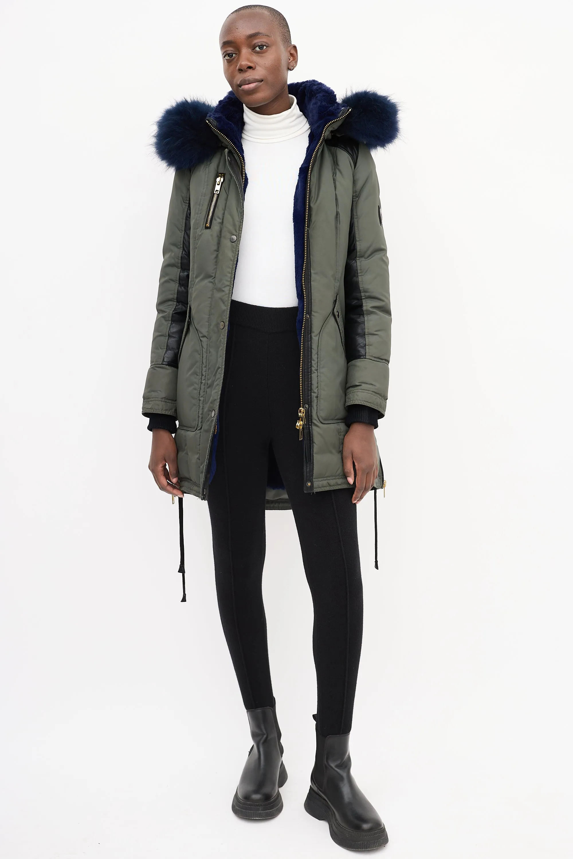 Khaki Green & Blue Shearling Down Coat