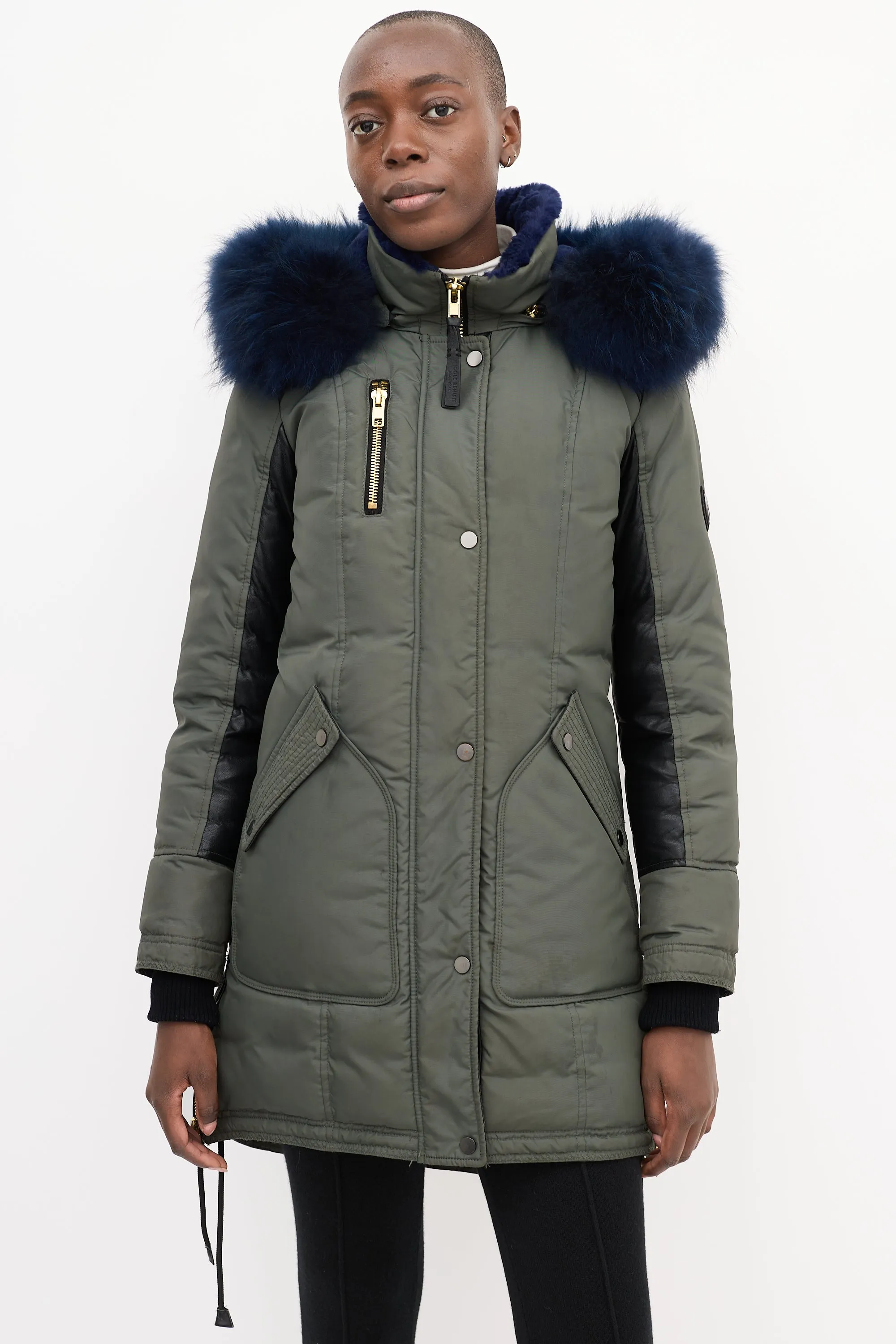 Khaki Green & Blue Shearling Down Coat