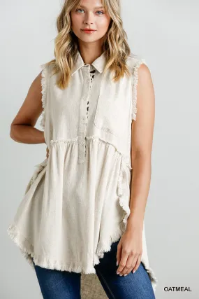 Linen Blend Sleeveless  Button Front Tunic With Frayed Round Hems