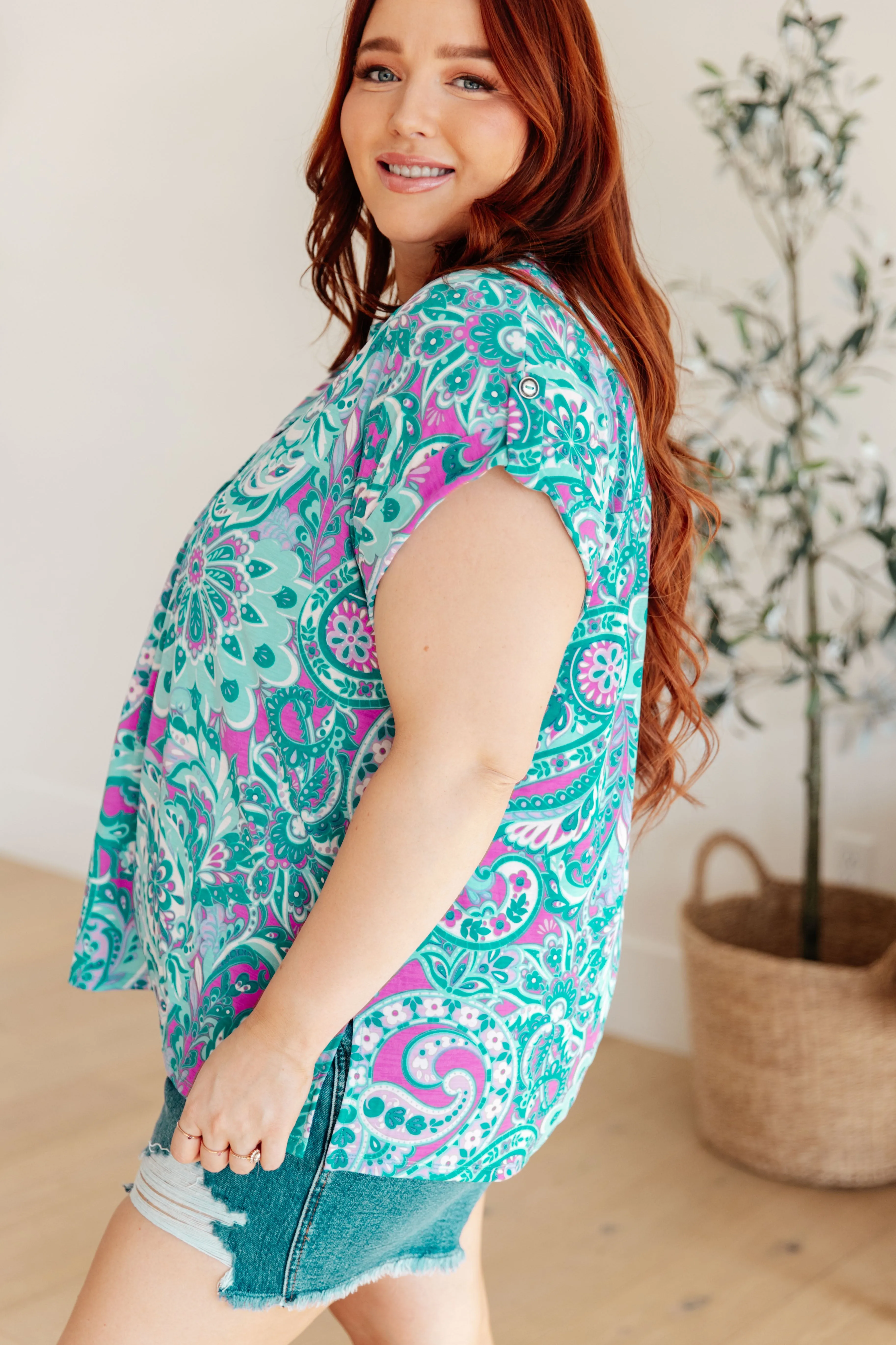 Lizzy Cap Sleeve Top in Magenta and Teal Paisley - Dear Scarlett