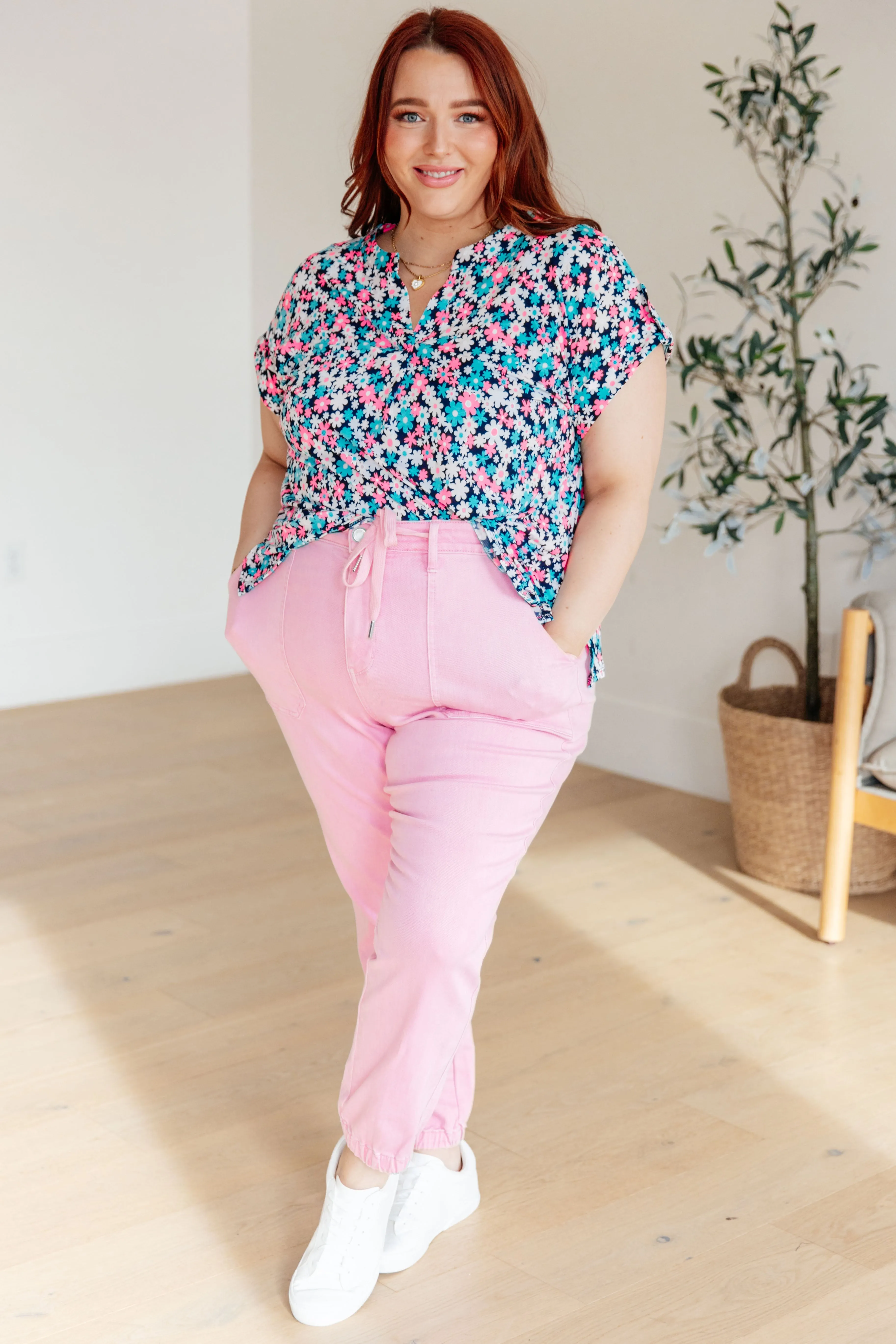 Lizzy Cap Sleeve Top in Navy and Hot Pink Floral - Dear Scarlett