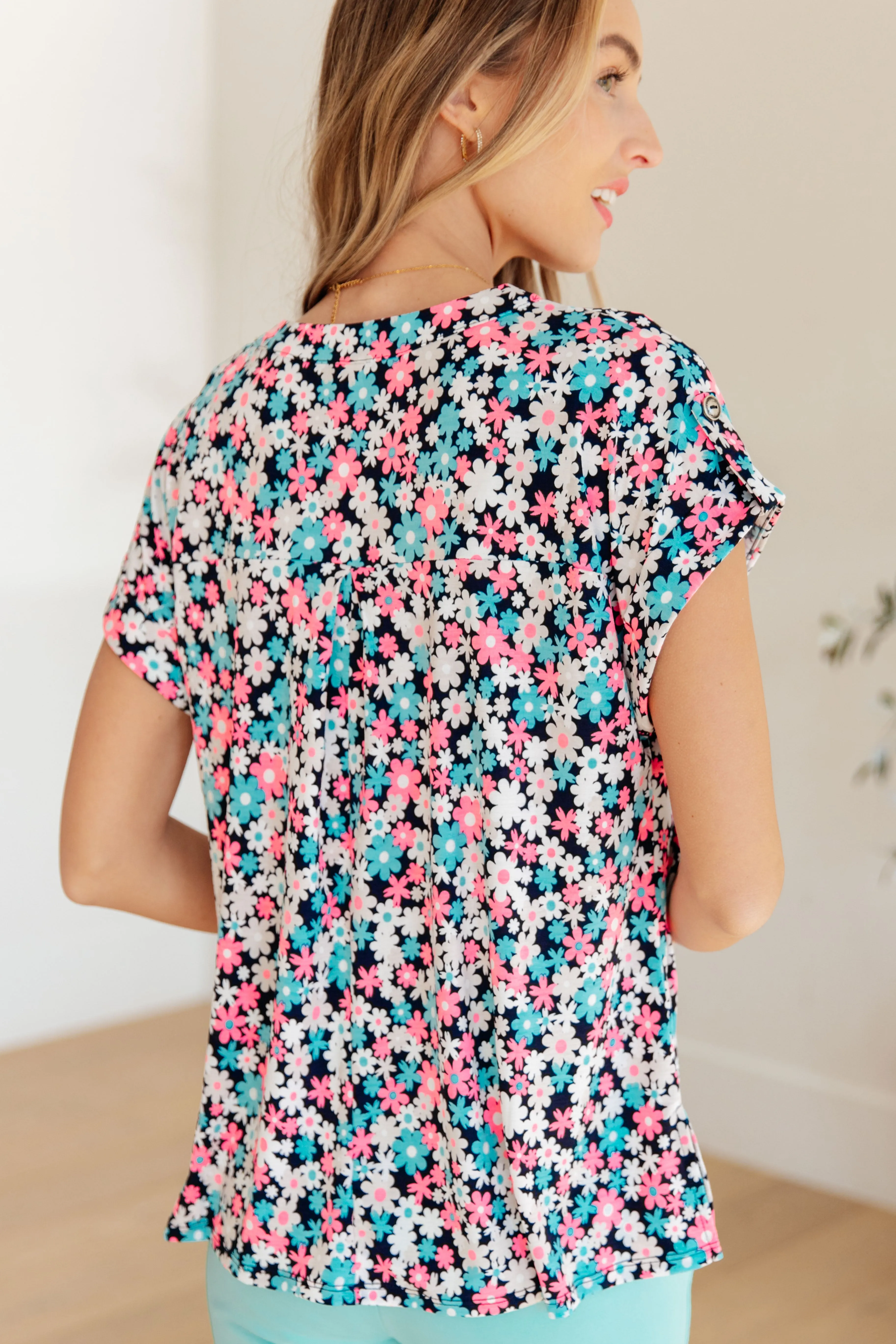 Lizzy Cap Sleeve Top in Navy and Hot Pink Floral - Dear Scarlett