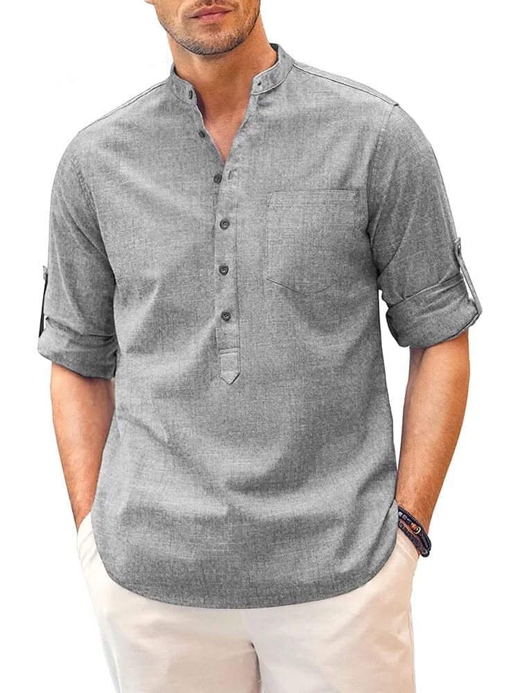 Long Sleeve Cotton Linen Henley Shirt (US Only)