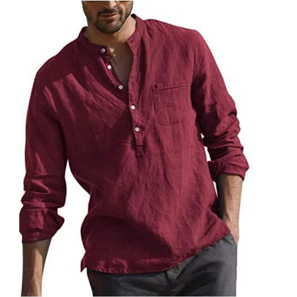 Long Sleeve Henley Pure Cotton Linen Shirts - Casual Summer Beach Style