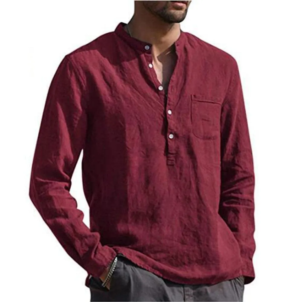 Long Sleeve Henley Pure Cotton Linen Shirts - Casual Summer Beach Style