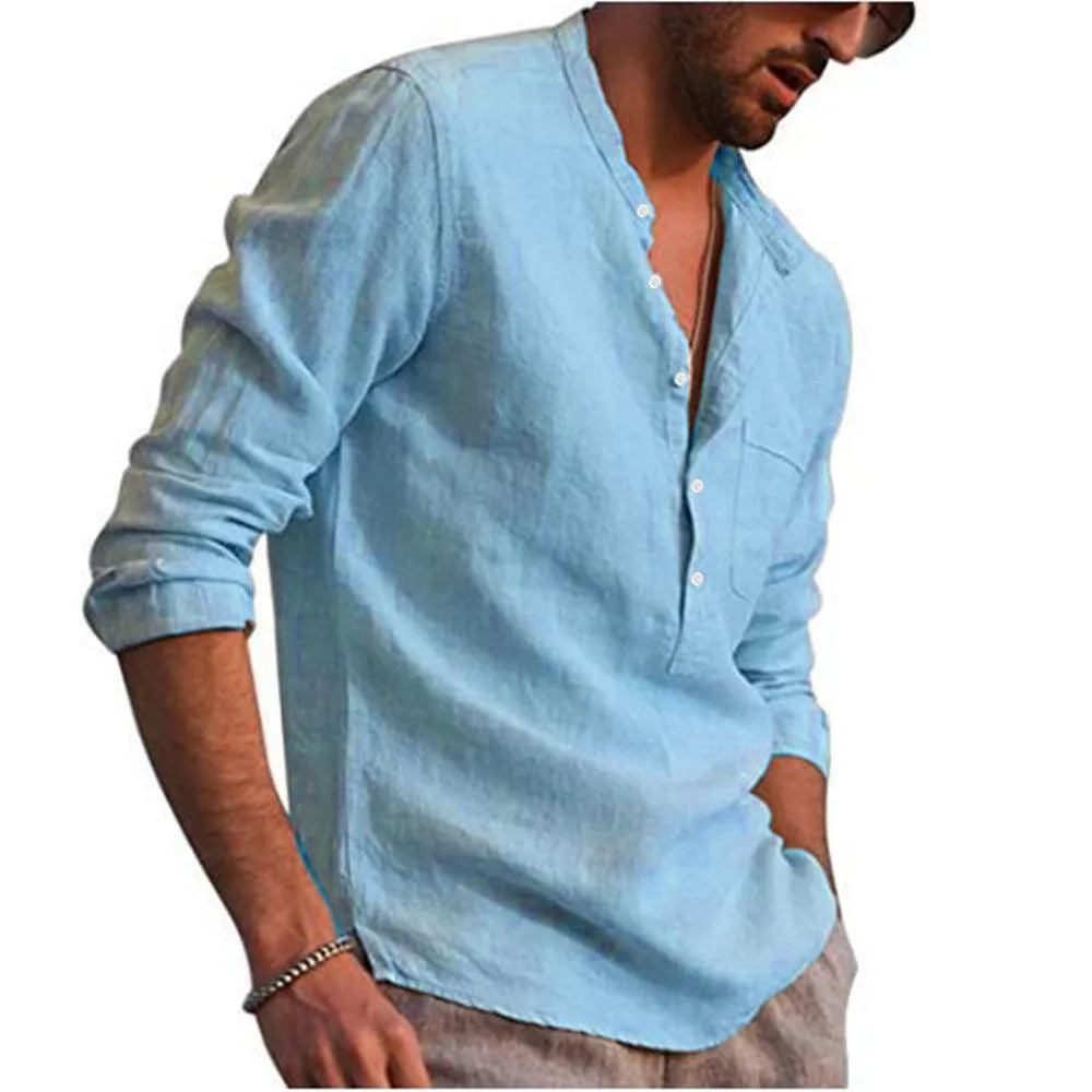 Long Sleeve Henley Pure Cotton Linen Shirts - Casual Summer Beach Style