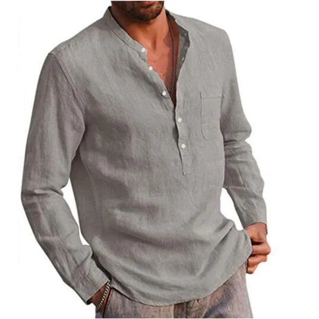 Long Sleeve Henley Pure Cotton Linen Shirts - Casual Summer Beach Style