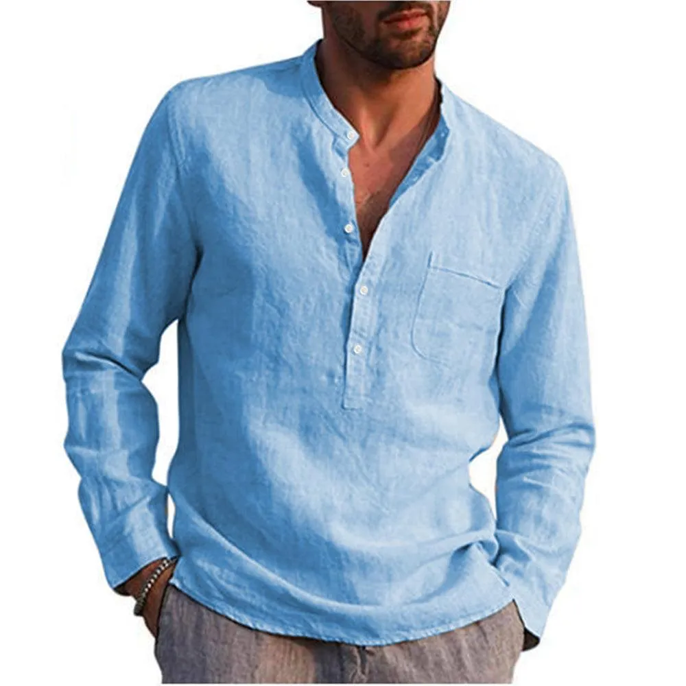 Long Sleeve Henley Pure Cotton Linen Shirts - Casual Summer Beach Style