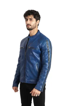 Mens Biker Style Sheep Leather Jacket Electric Blue Racer Jacket - ELM2