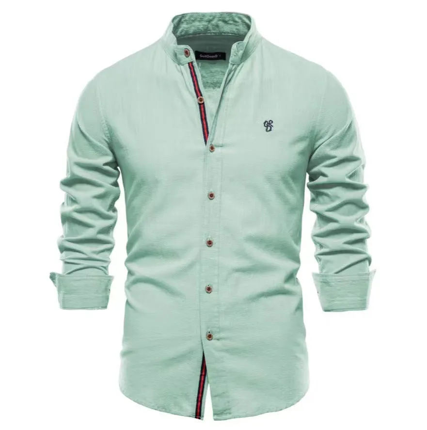 Men's Cotton And Linen Casual Fashion Solid Color Long Sleeve Henley Shirt