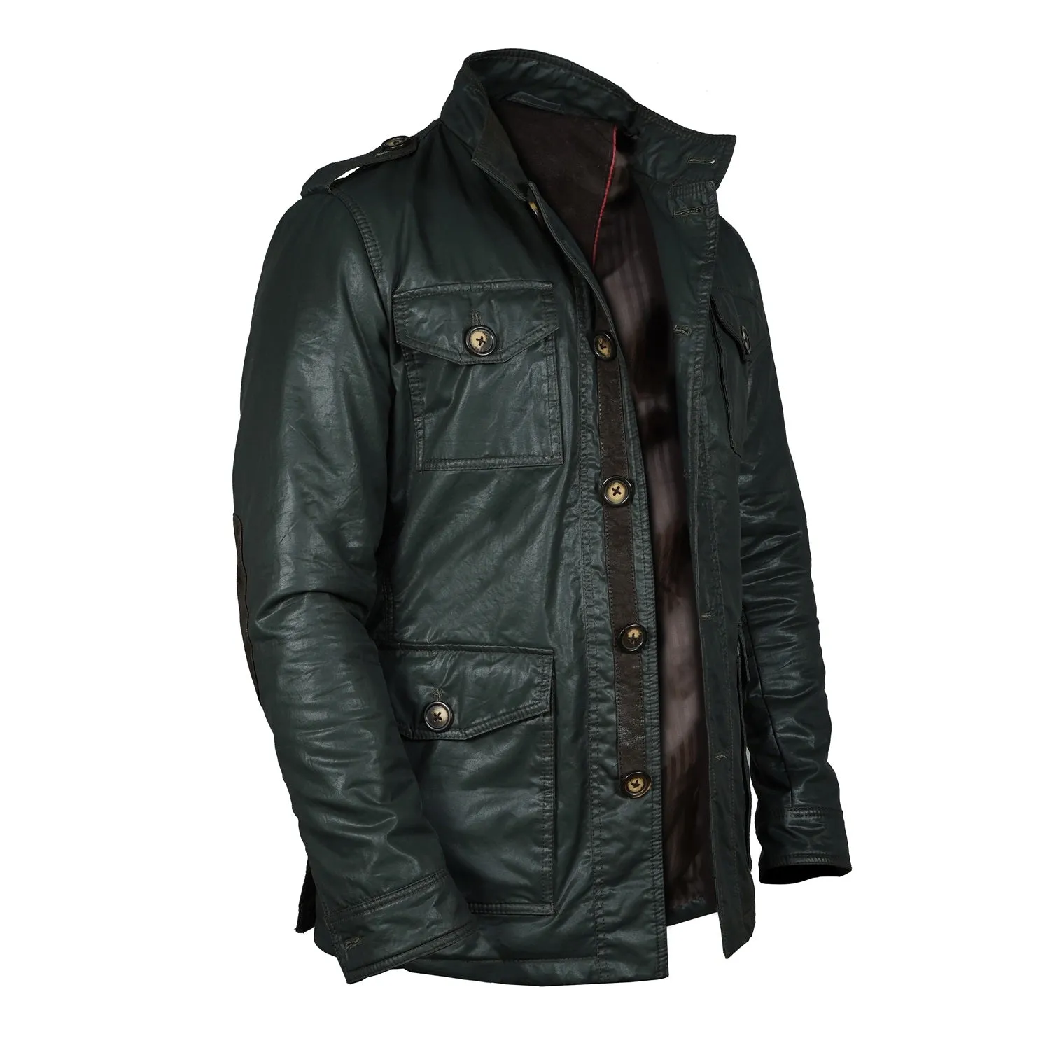 Men's Green Coat & Jacket with Contrasting Waxy Cotton and Leather Trims,