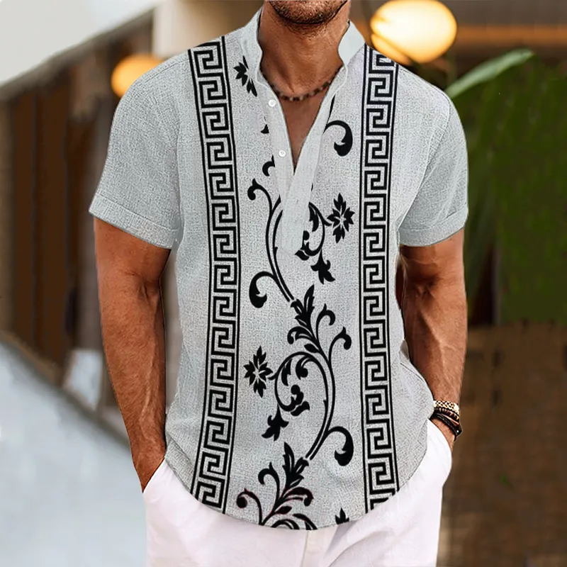 Men's Henley Collar Baroque Printed Short Sleeve Shirt 57563547L