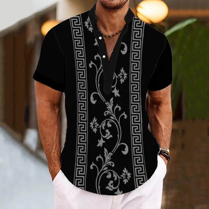 Men's Henley Collar Baroque Printed Short Sleeve Shirt 57563547L