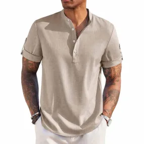 Men's  Linen Casual Henley Shirt Short Sleeve Band Collar Shirt 92920872YY