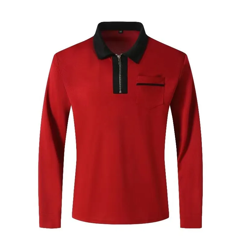 Mens Long Sleeve Zipper Polo Shirts Casual Lapel Collar Zip Up Henley Shirts