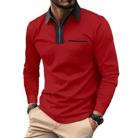 Mens Long Sleeve Zipper Polo Shirts Casual Lapel Collar Zip Up Henley Shirts