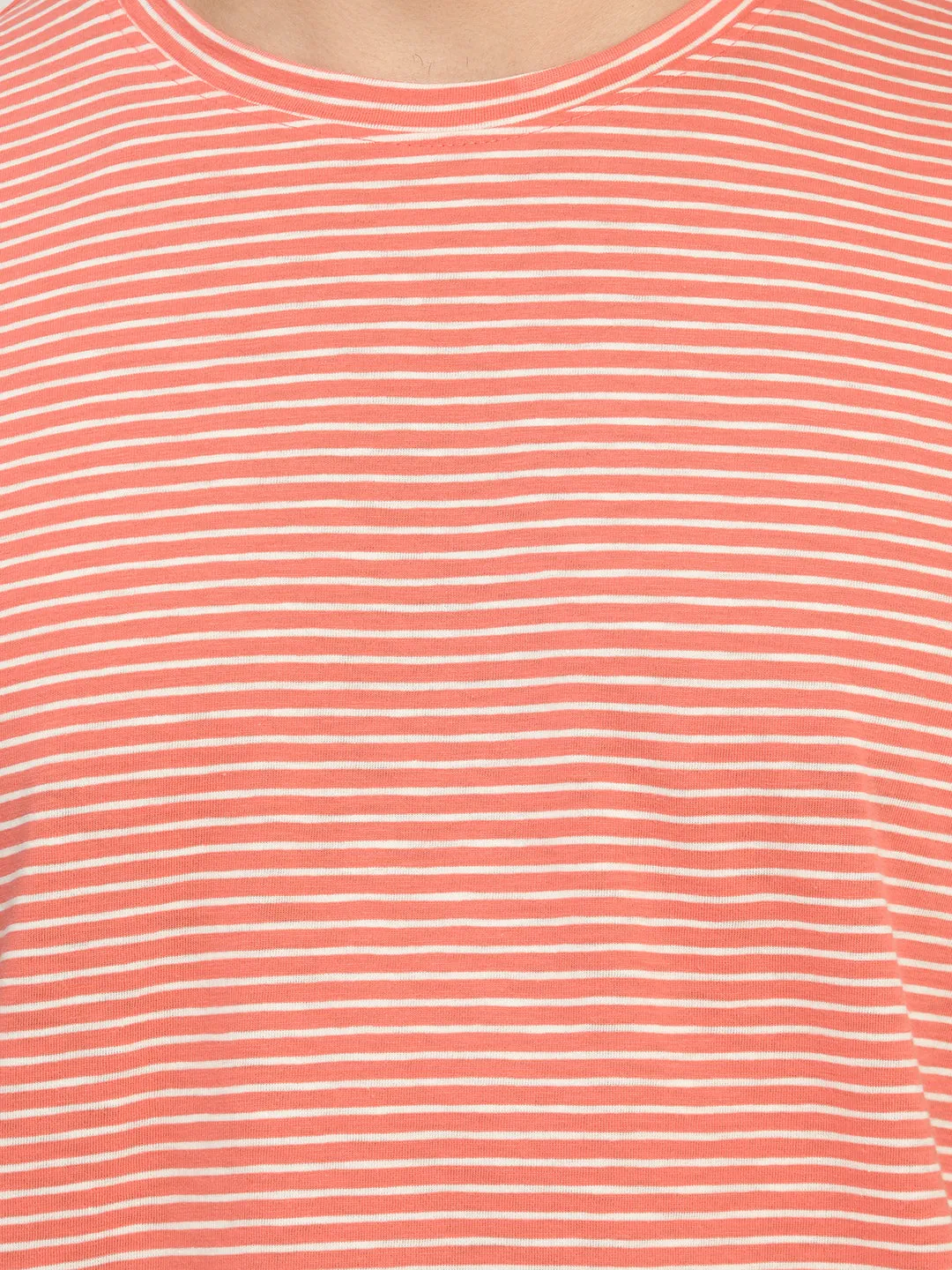 Men's Peach White Striped Knitted T-Shirt