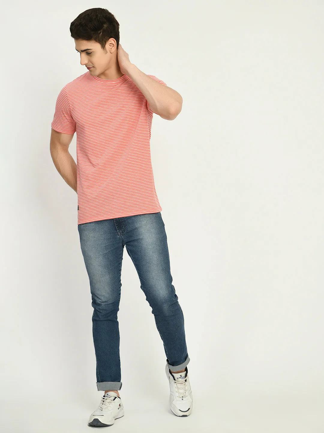 Men's Peach White Striped Knitted T-Shirt