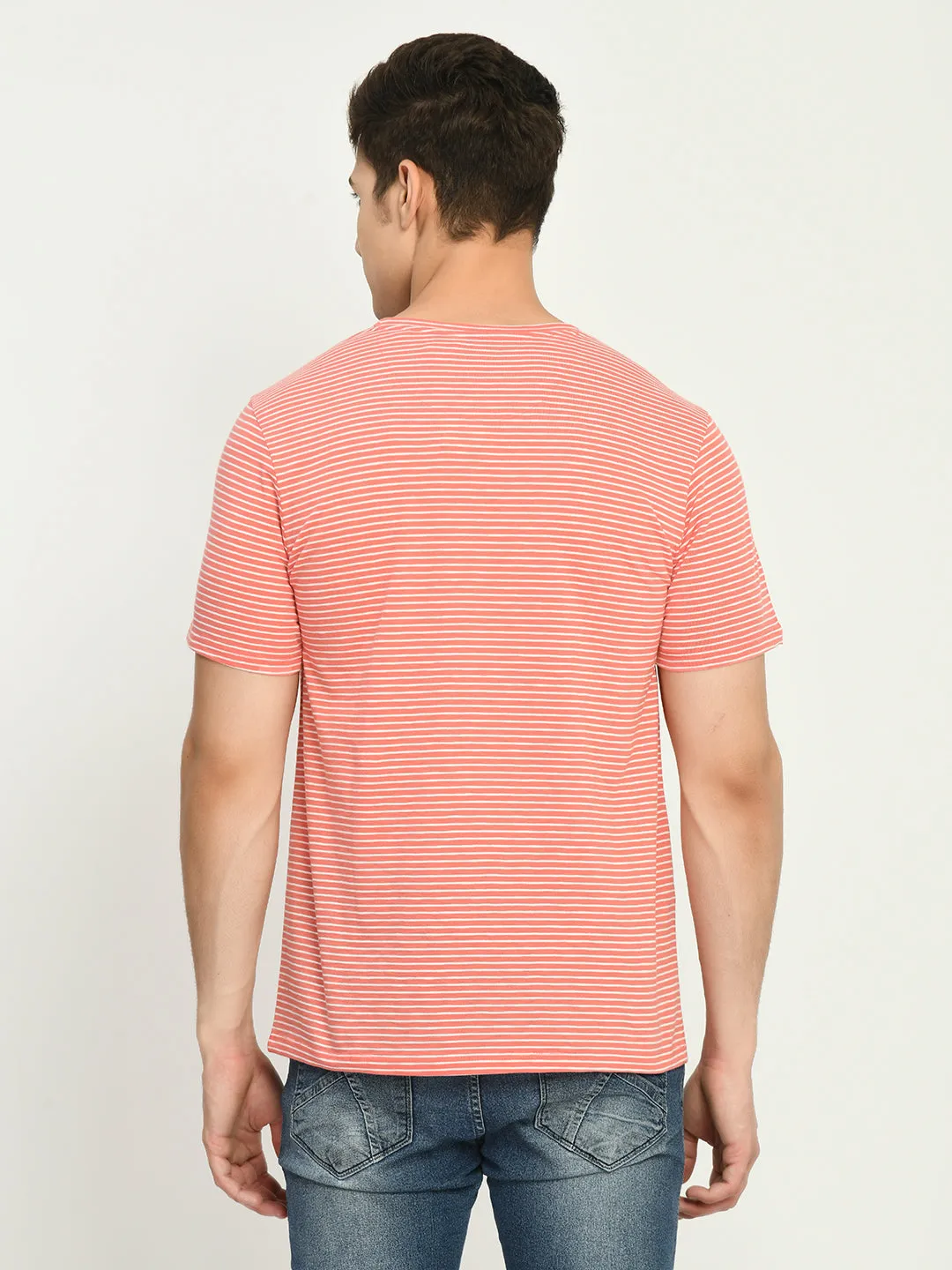 Men's Peach White Striped Knitted T-Shirt