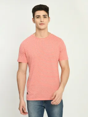 Men's Peach White Striped Knitted T-Shirt