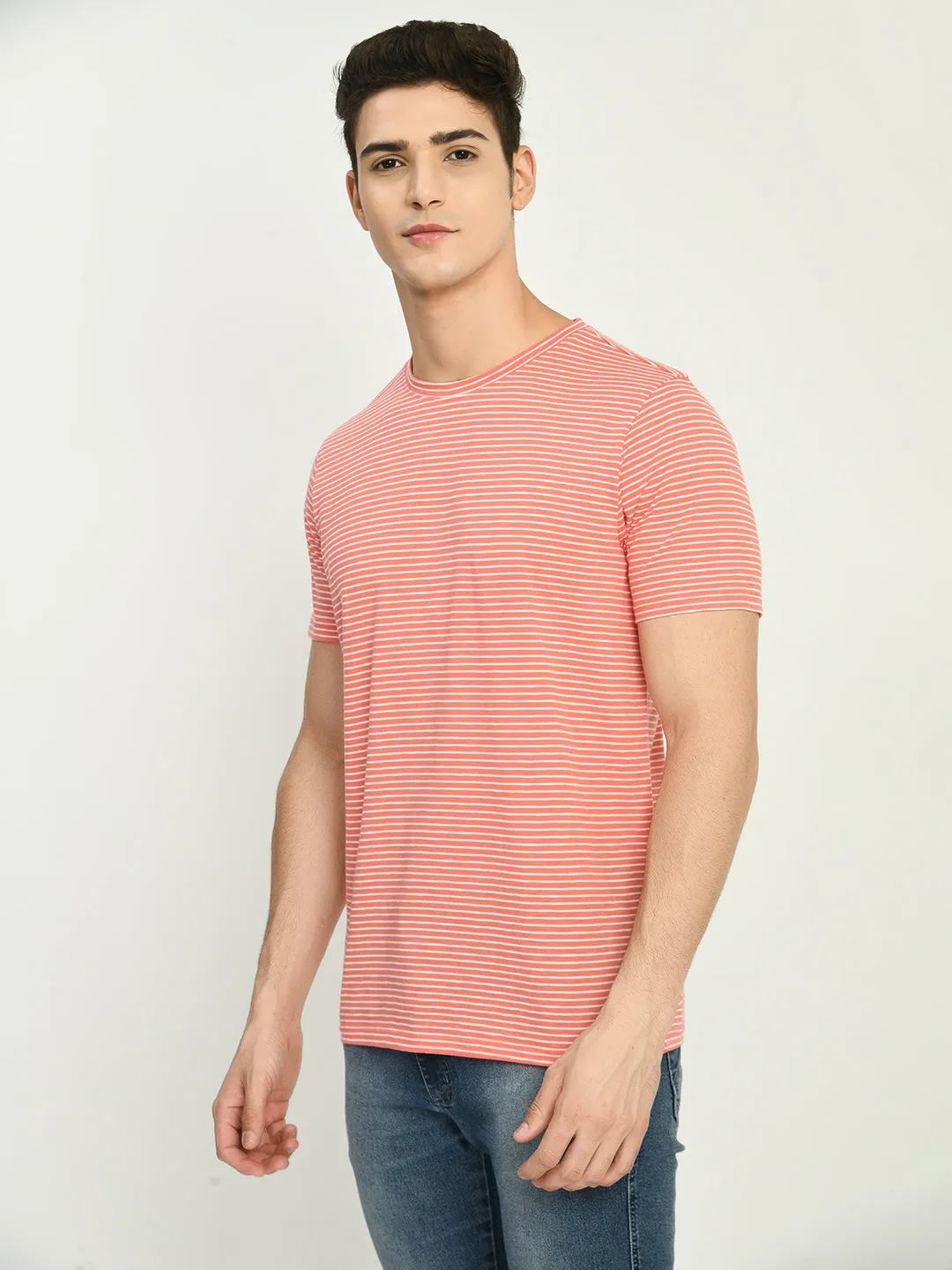 Men's Peach White Striped Knitted T-Shirt