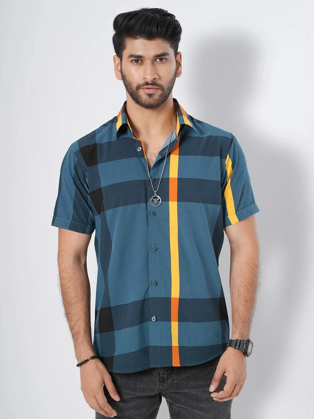 Men's Plaid Check Blue Color Short Sleeve Shirt