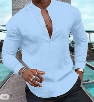 Men's Shirt Casual Long Sleeve Solid Color Cotton Linen Henley Top