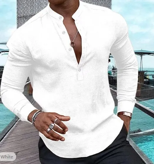 Men's Shirt Casual Long Sleeve Solid Color Cotton Linen Henley Top