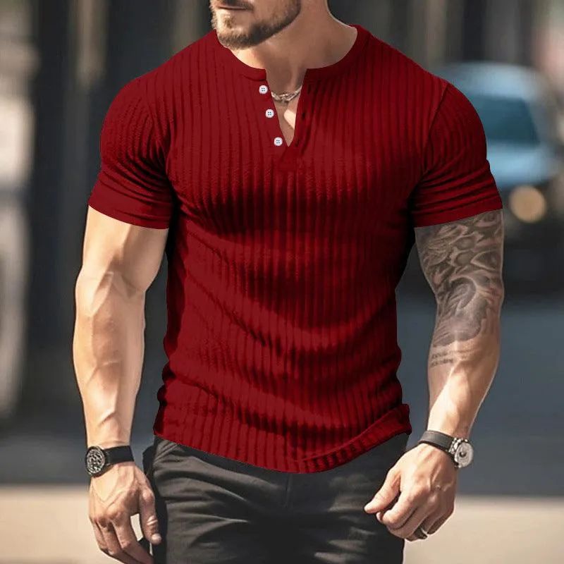 Men's Short Sleeve Top Sunken Stripe V-neck Slim Fit Henley T-shirt