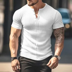 Men's Short Sleeve Top Sunken Stripe V-neck Slim Fit Henley T-shirt