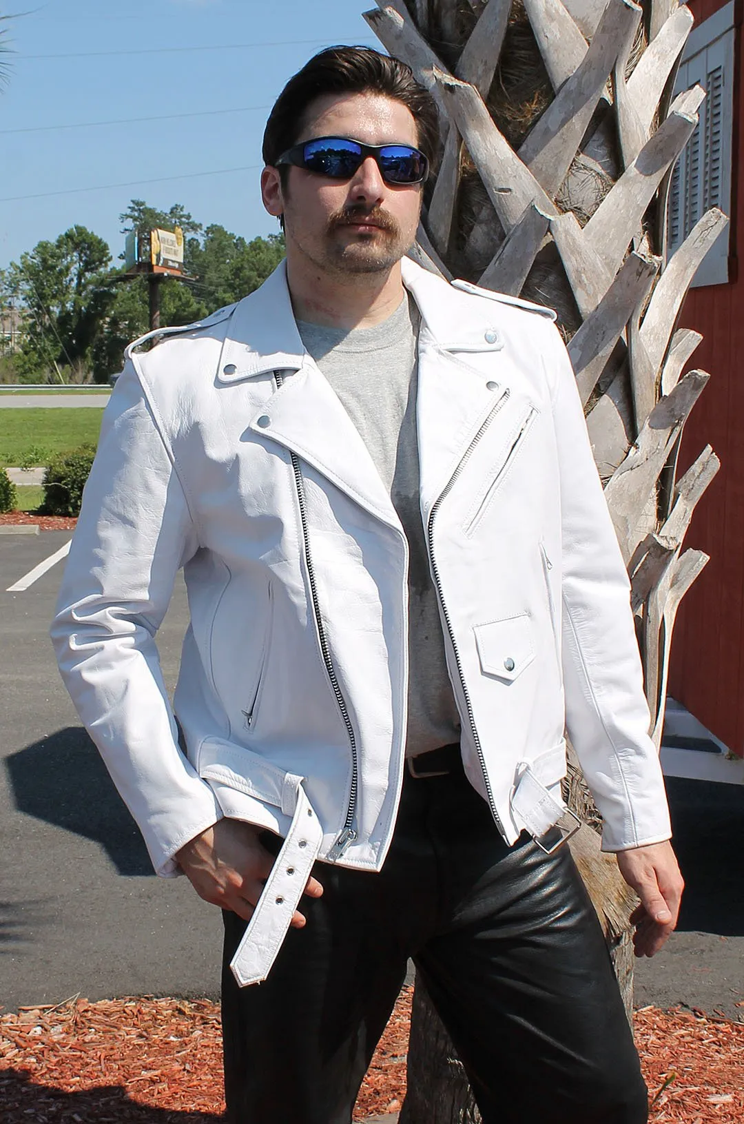 Men's White Leather Motorcycle Jacket w/Concealed Pocket #M111GW