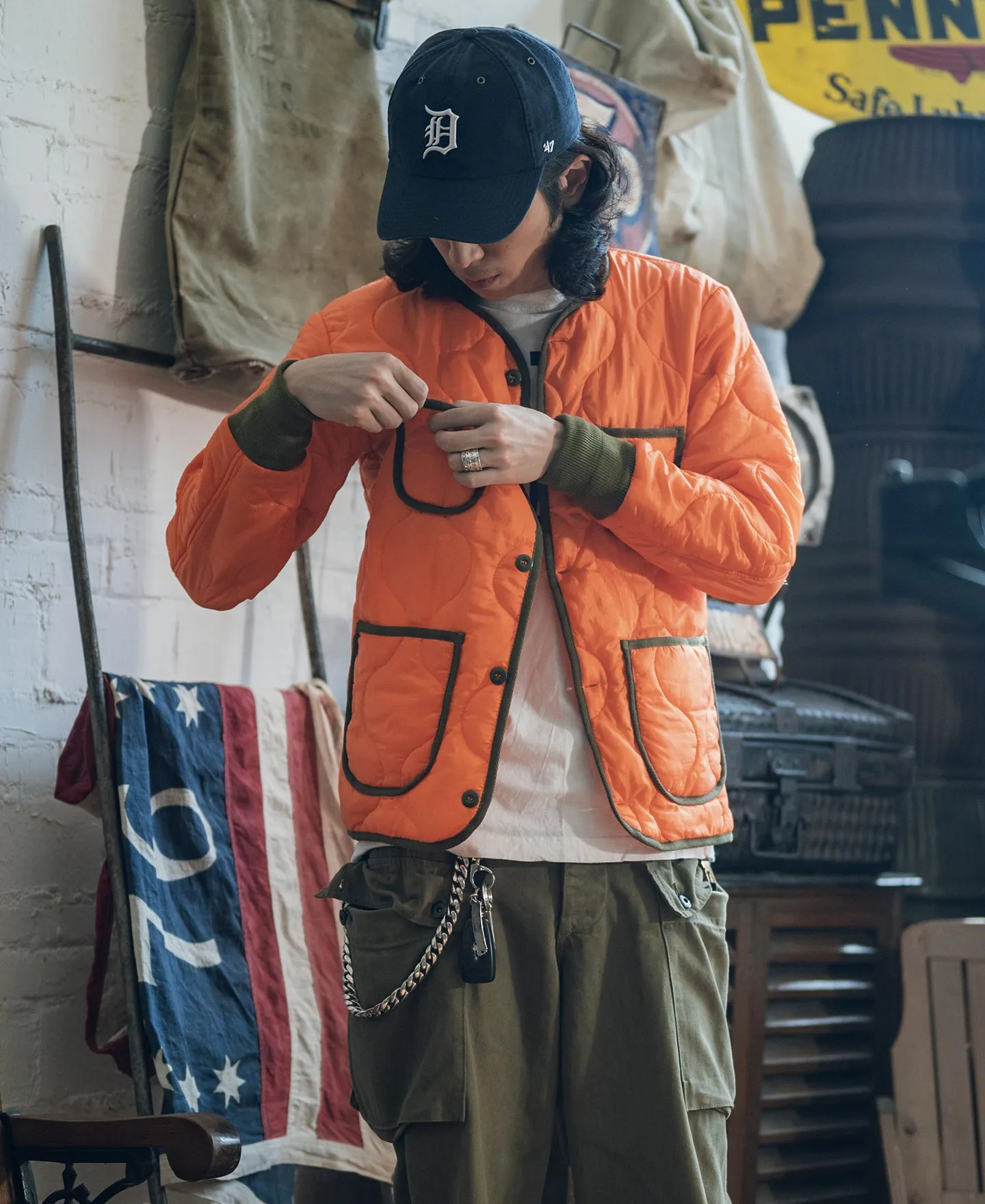 Military Style Quilted Padded Ripstop Nylon Jacket - Orange