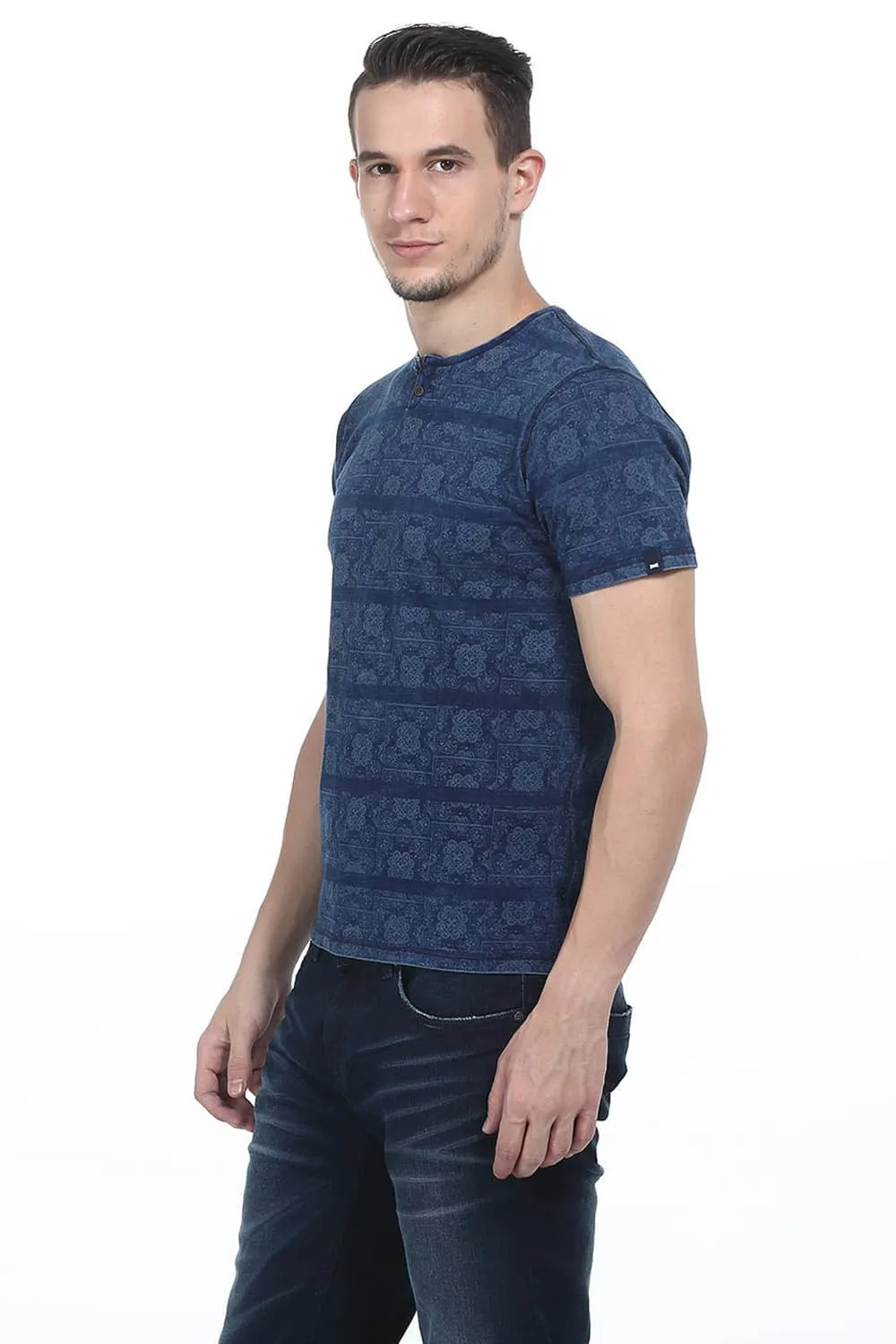 Muscle Fit Henley Printed T Shirt