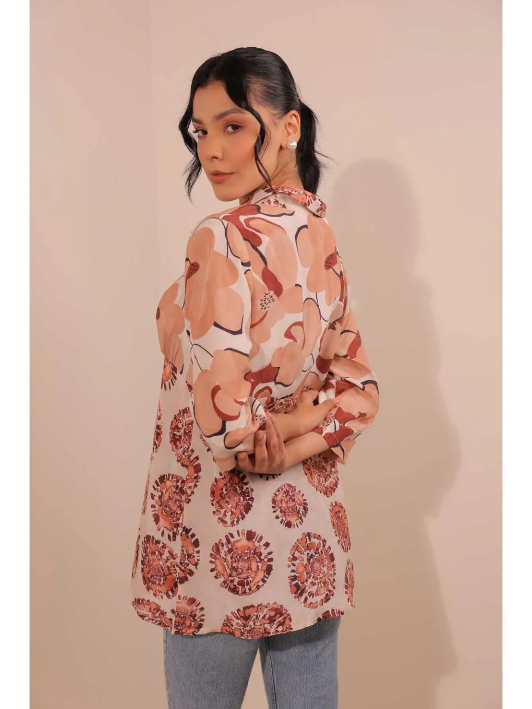 natural crepe abstract printed,  mandarin collar stylised gathered busted top with three fourth sleeve. - White