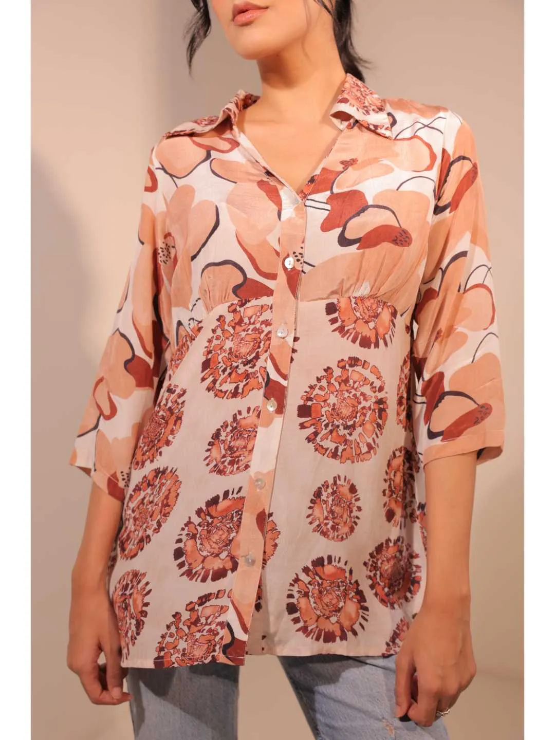 natural crepe abstract printed,  mandarin collar stylised gathered busted top with three fourth sleeve. - White