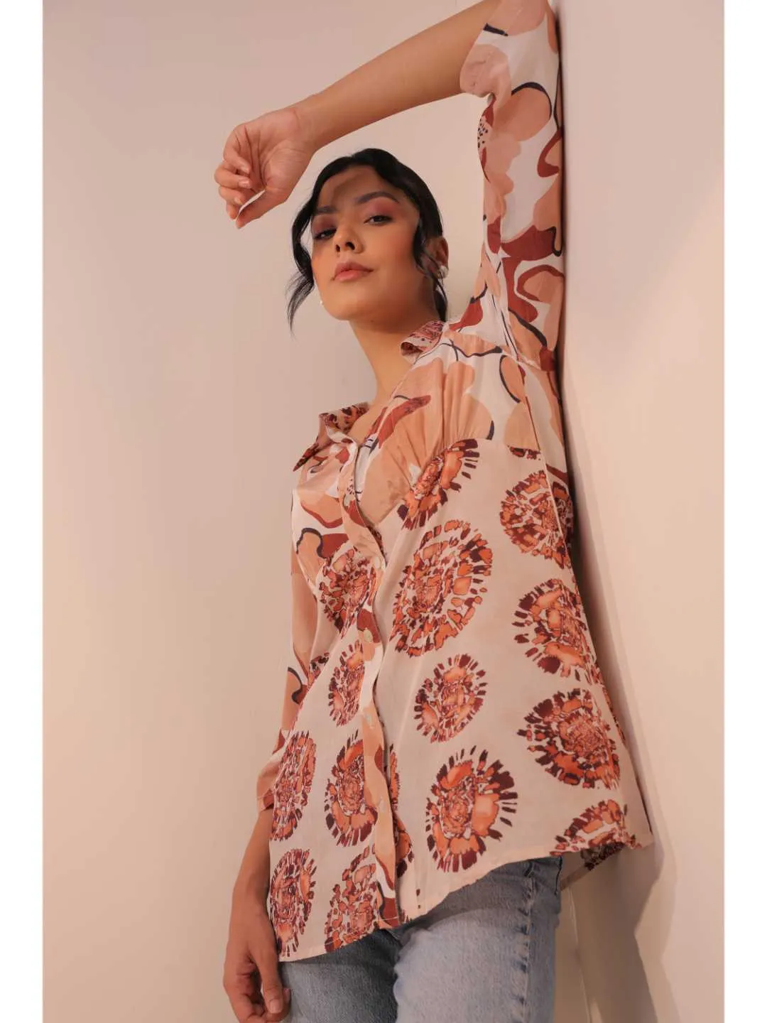 natural crepe abstract printed,  mandarin collar stylised gathered busted top with three fourth sleeve. - White