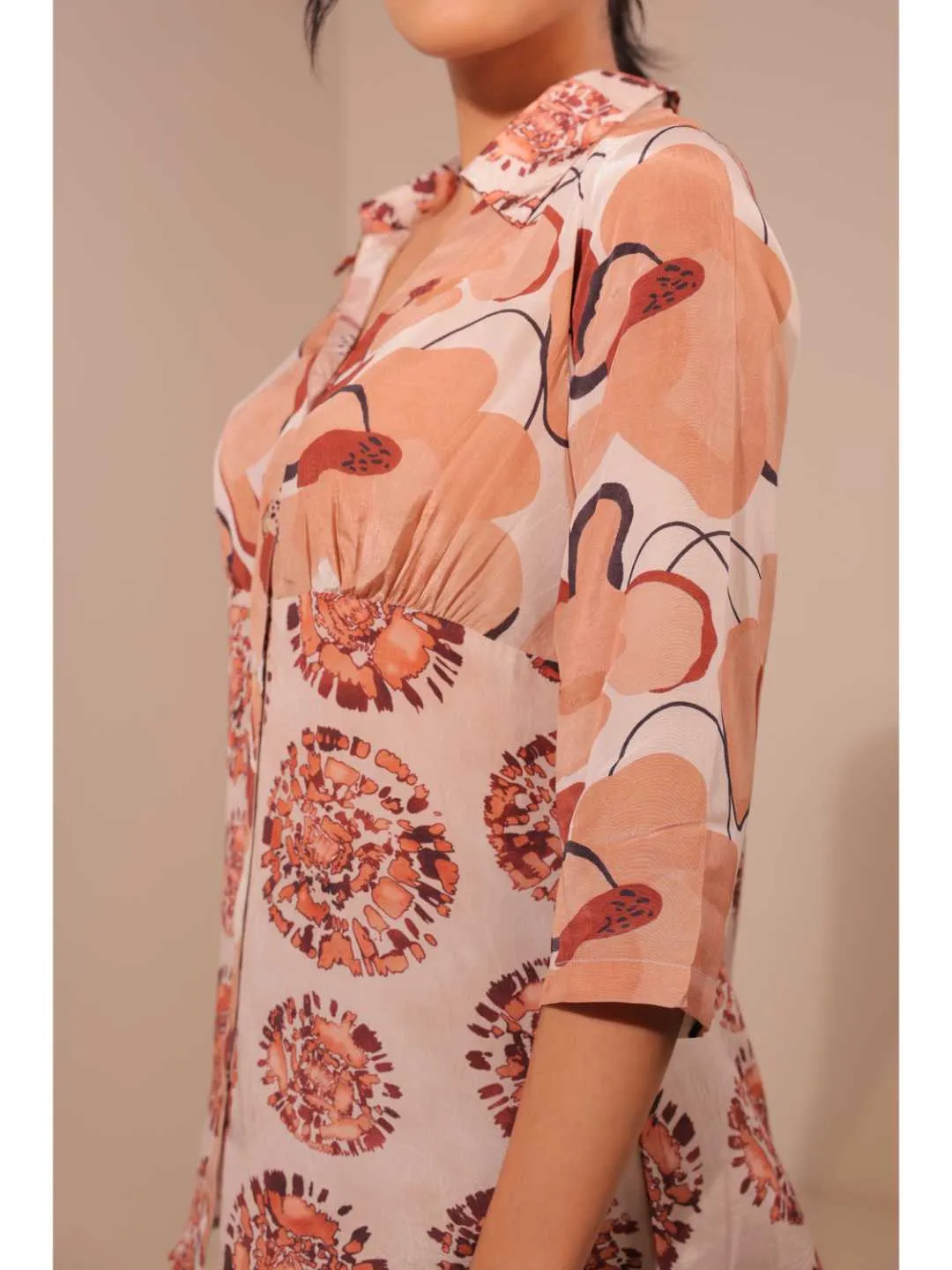 natural crepe abstract printed,  mandarin collar stylised gathered busted top with three fourth sleeve. - White